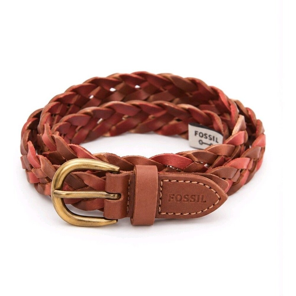 Fossil Braided Leather Belt Brown Tan Two Tone Boho Western Brass Buckle M NWOT